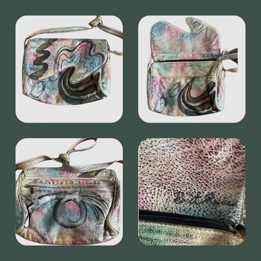 OOAK VTG 80s Brit Rosen Signed Hand Painted Abstract Leather Shoulder Bag Purse - Picture 14 of 16